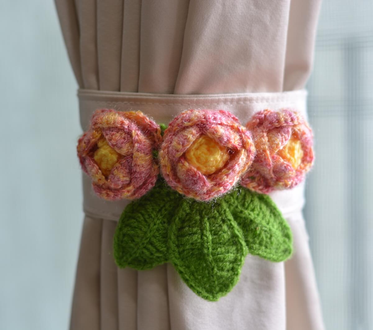 Hand Crafted Crochet Curtain Tiebacks Peach and Yellow