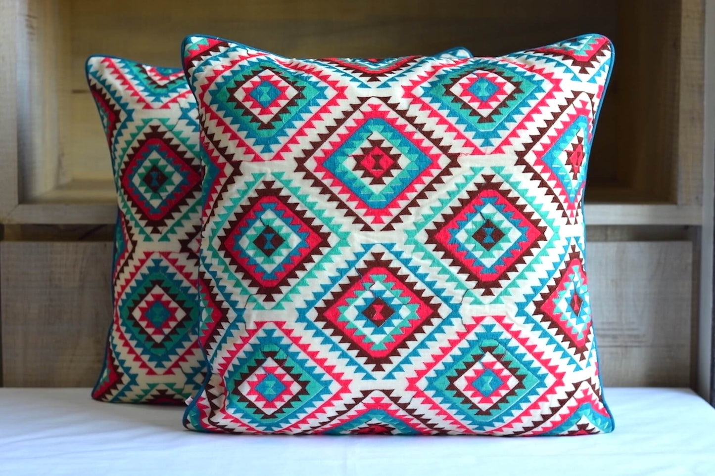 Bohemian Embroidered Multicolor Cotton Cushion Cover Size 16"x16"