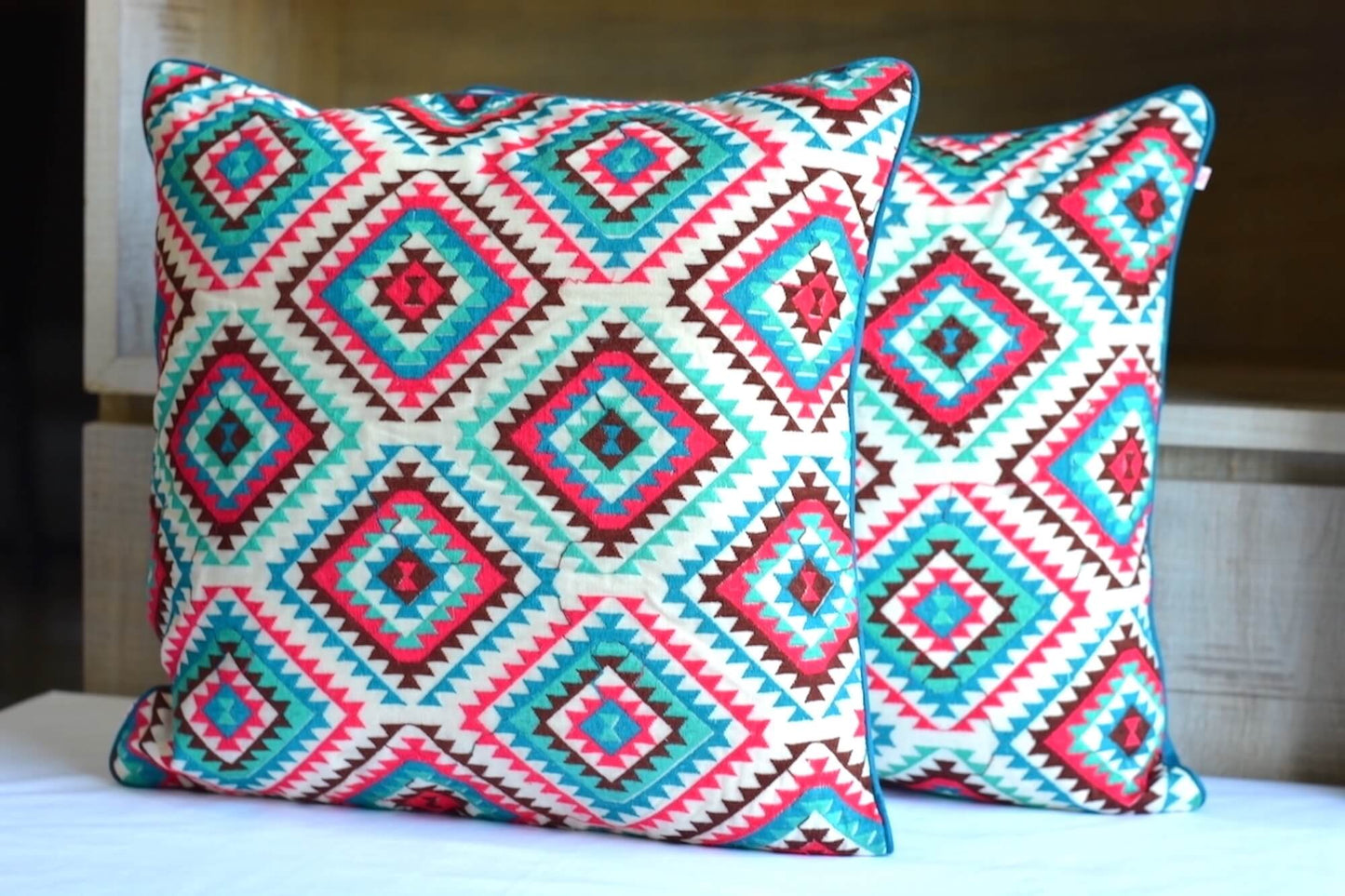 Bohemian Embroidered Multicolor Cotton Cushion Cover Size 16"x16"