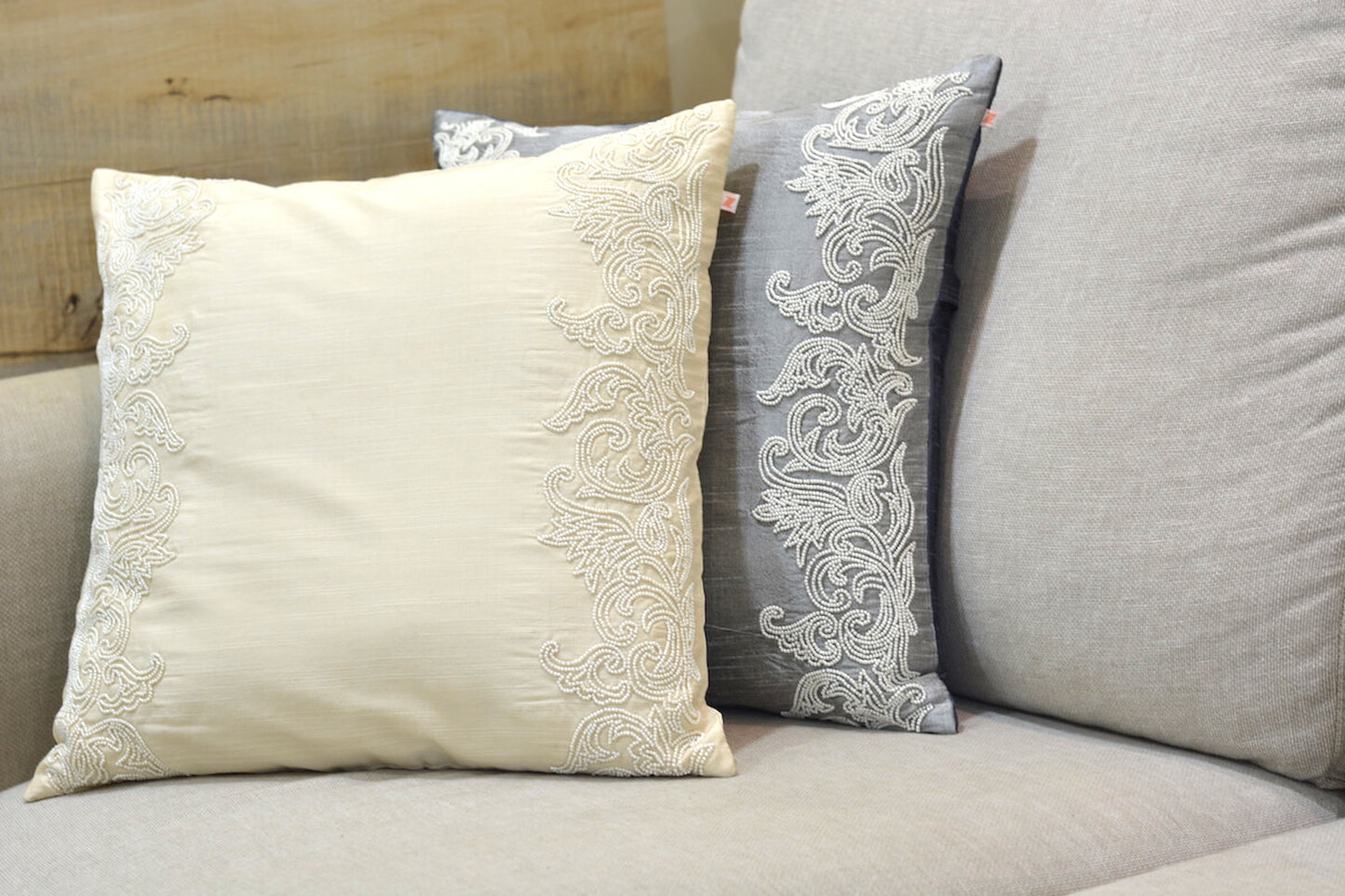 White Pearl Hand Embroidered Contemporary Dupion Silk Cream Cushion Cover Size 16"x16"