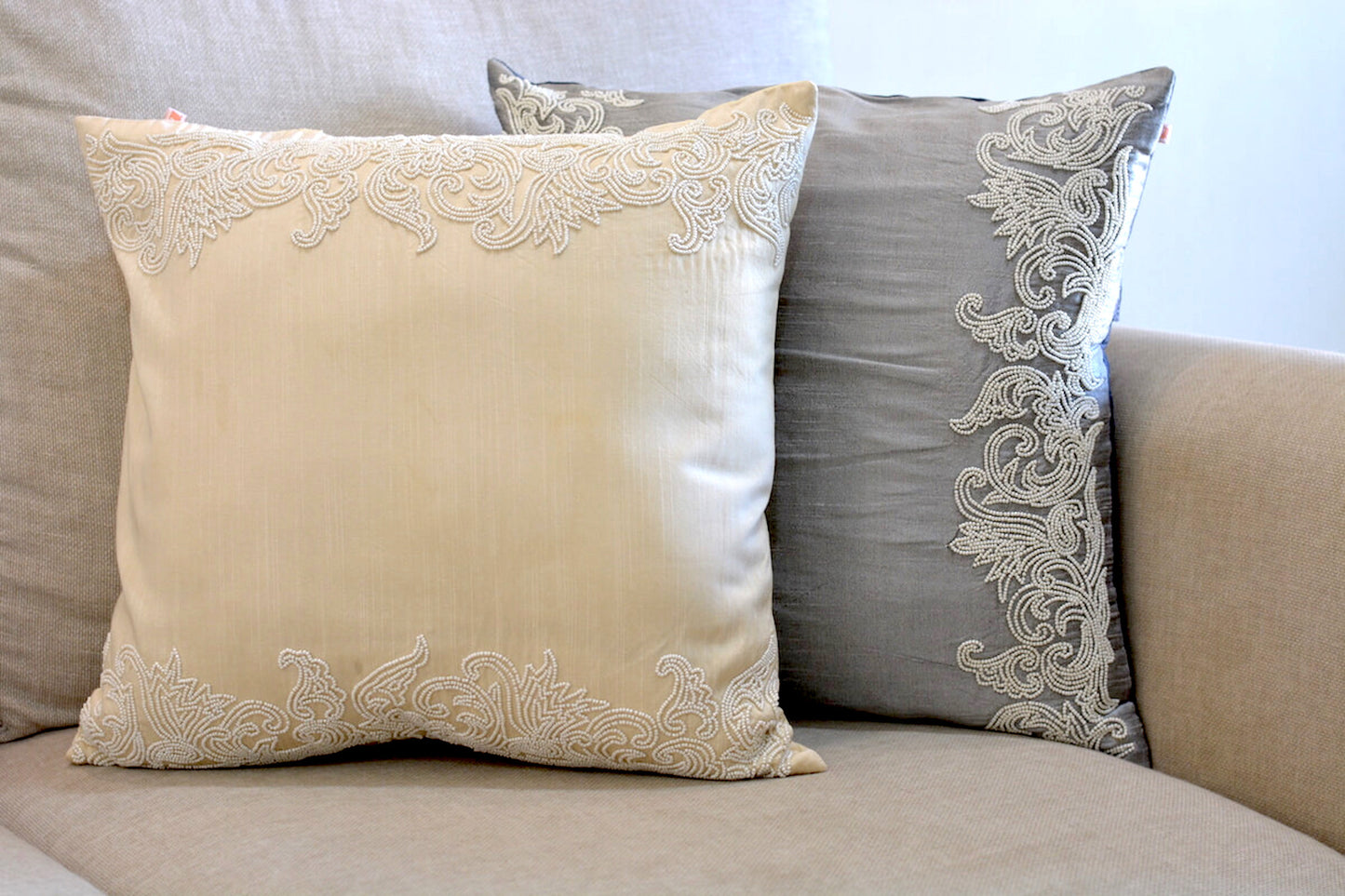 White Pearl Hand Embroidered Contemporary Dupion Silk Cream Cushion Cover Size 16"x16"