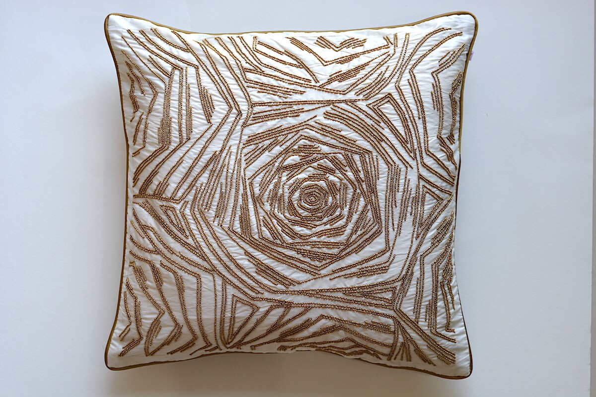 Decorative Rose Pattern Golden Beads Hand Embroidered Luxurious Cushion Cover Size 16"x16"