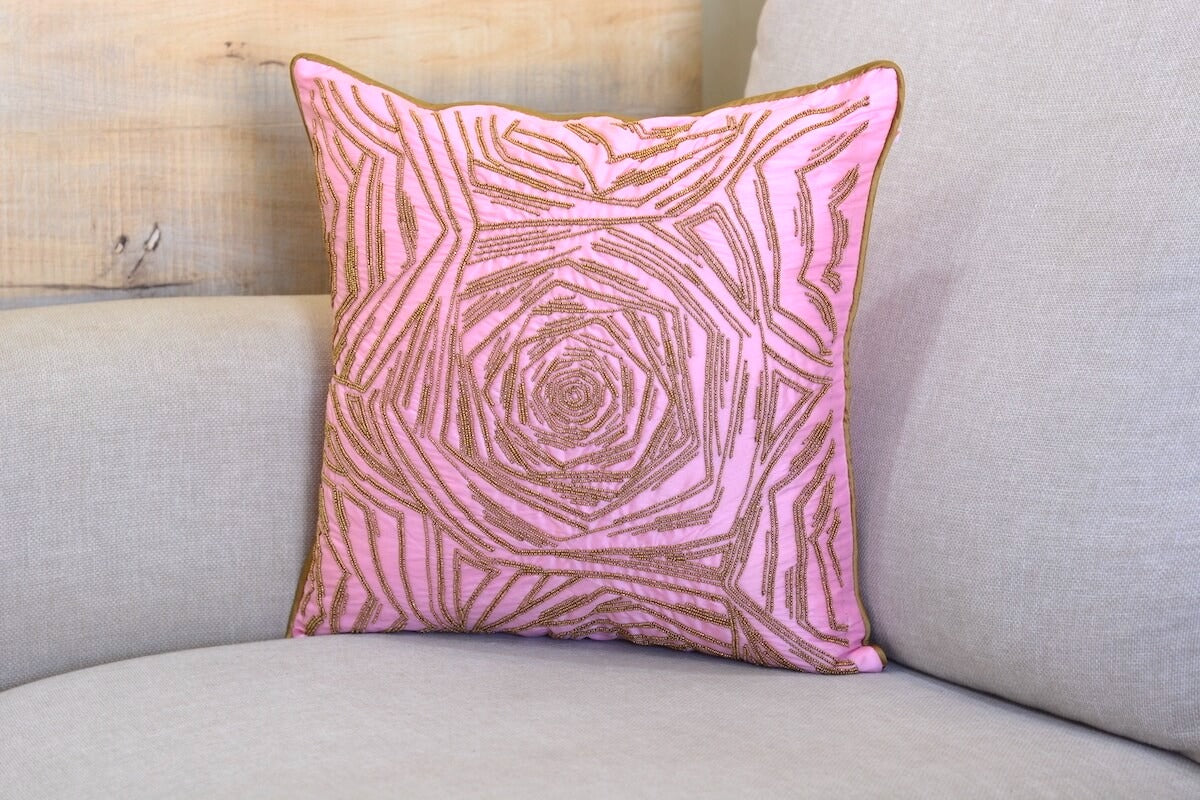 Decorative Rose Pattern Golden Beads Hand Embroidered Luxurious Cushion Cover Size 16"x16"