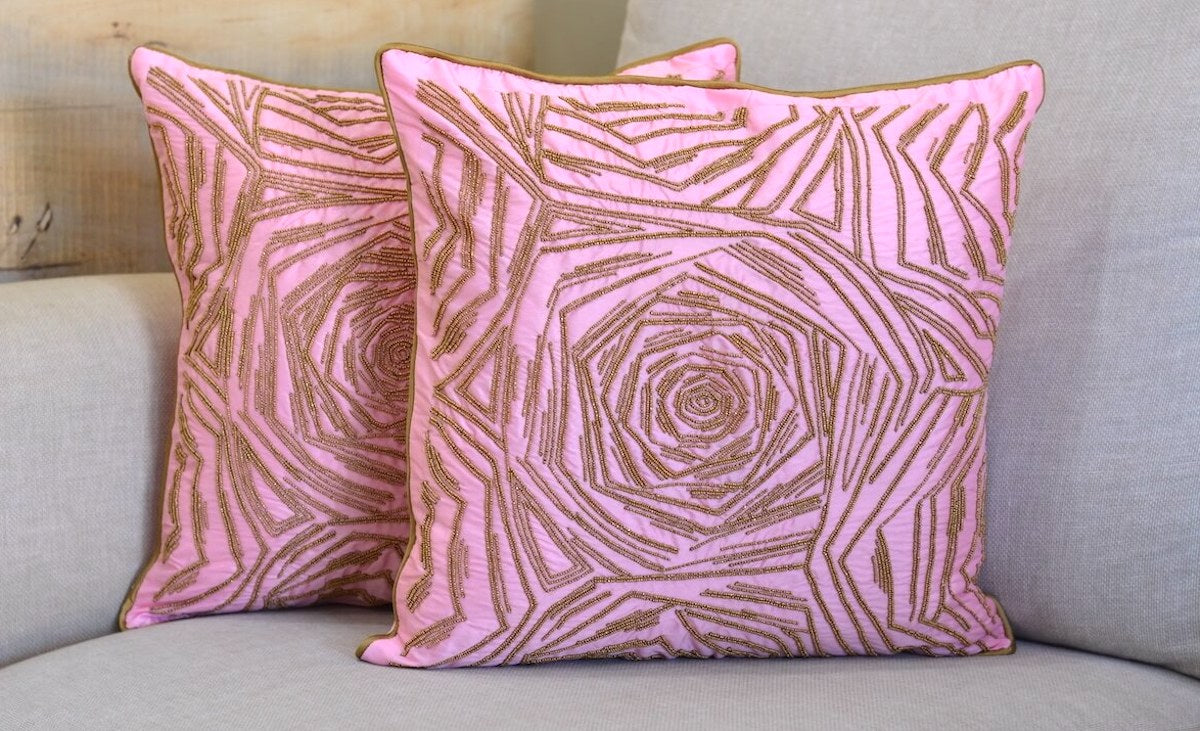 Decorative Rose Pattern Golden Beads Hand Embroidered Luxurious Cushion Cover Size 16"x16"