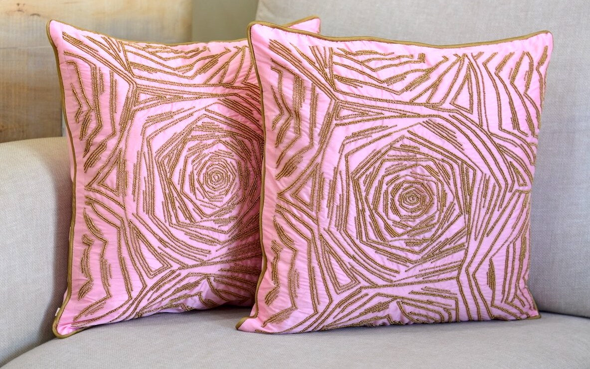 Decorative Rose Pattern Golden Beads Hand Embroidered Luxurious Cushion Cover Size 16"x16"