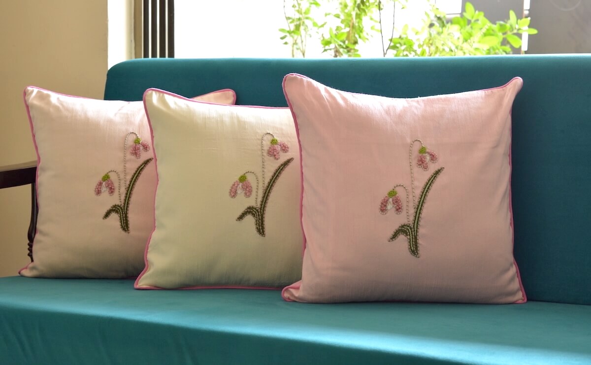 Floral Hand Embroidered Dupion Silk Cushion Cover Size 16"x16"