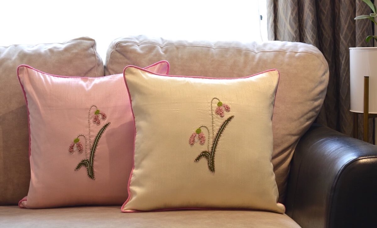 Floral Hand Embroidered Dupion Silk Cushion Cover Size 16"x16"