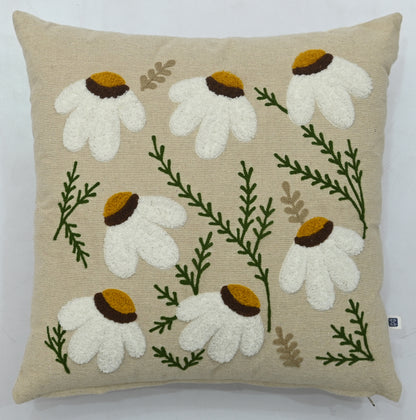 Hand Embroidery Aster Light Brown Cotton Cushion Cover Size 16"x16"