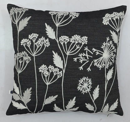 Aari Embroidered White Spring Blossom Design Black Denim Cushion Cover  Size 16"x16"