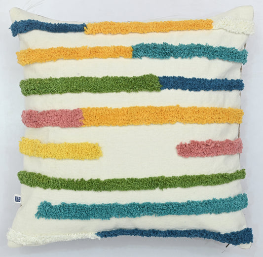 Multi-Colored Lines Tufted Cotton Cushion Cover White 16" x 16"