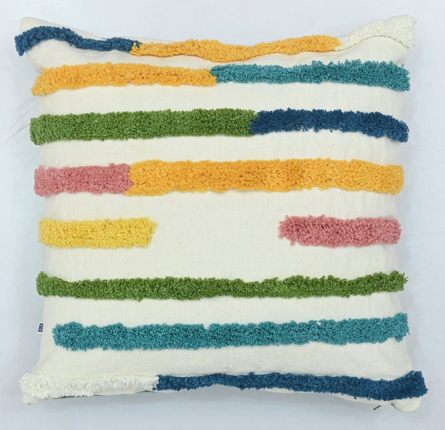 Multi-Colored Lines Tufted Cotton Cushion Cover White 16" x 16"