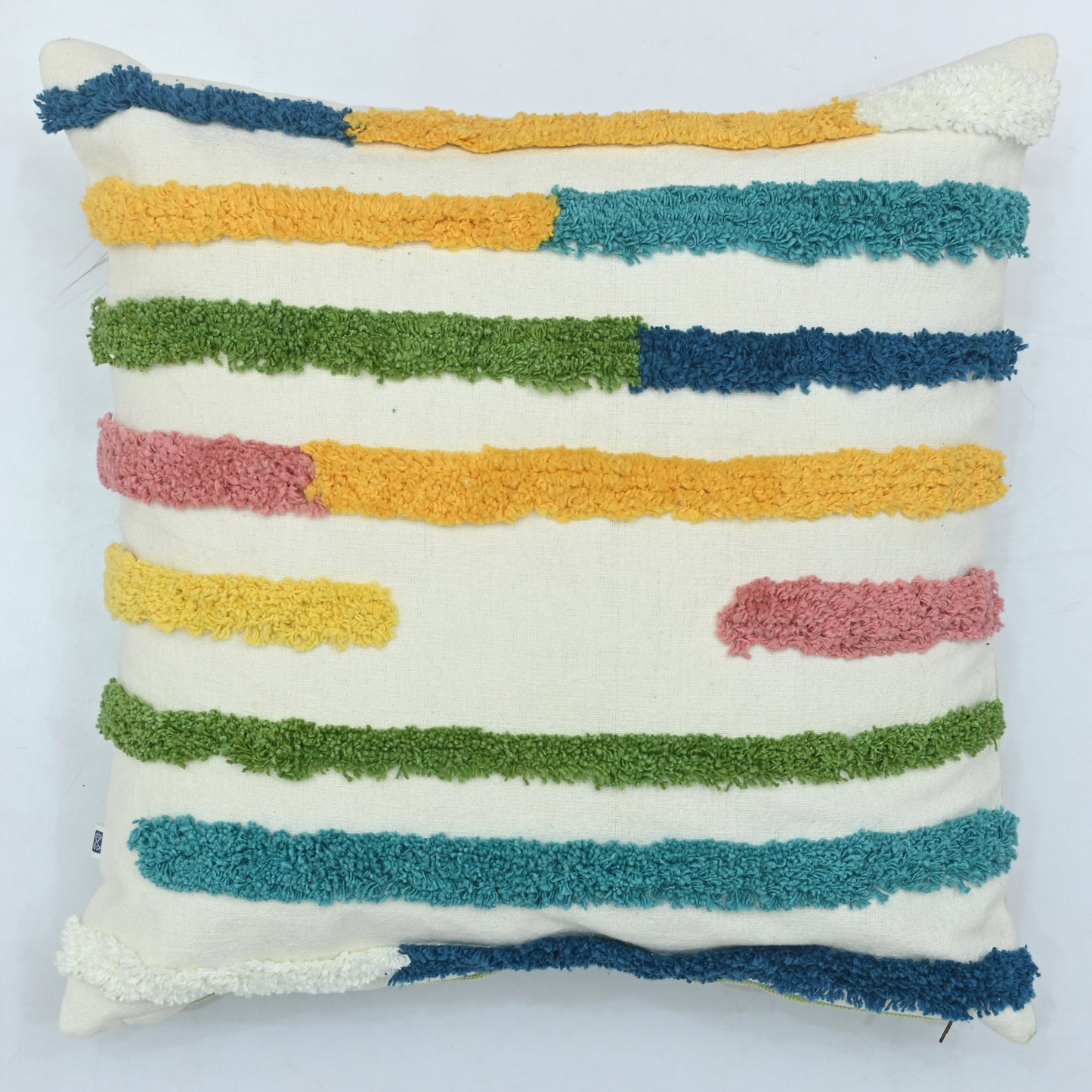 Multi-Colored Lines Tufted Cotton Cushion Cover White 16" x 16"