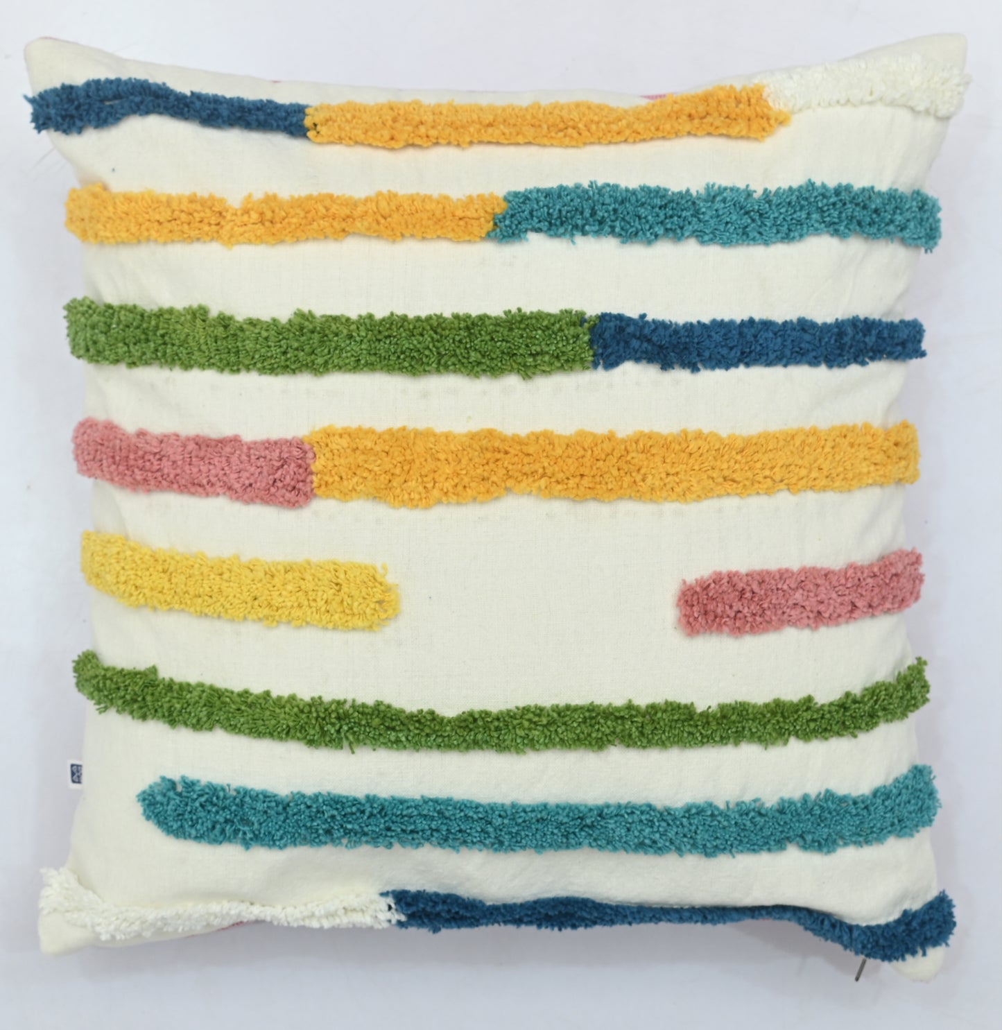 Multi-Colored Lines Tufted Cotton Cushion Cover White 16" x 16"