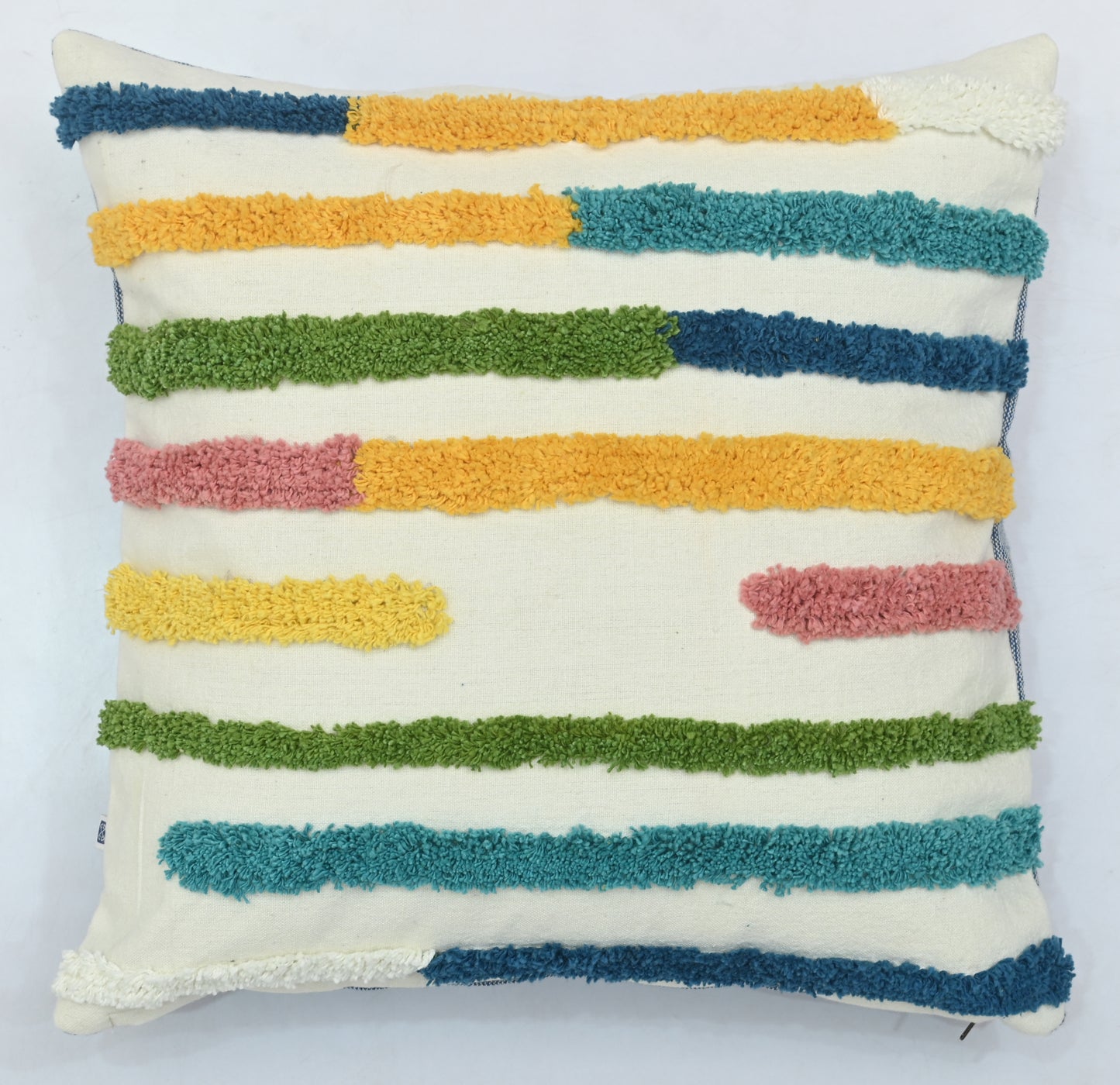 Multi-Colored Lines Tufted Cotton Cushion Cover White 16" x 16"