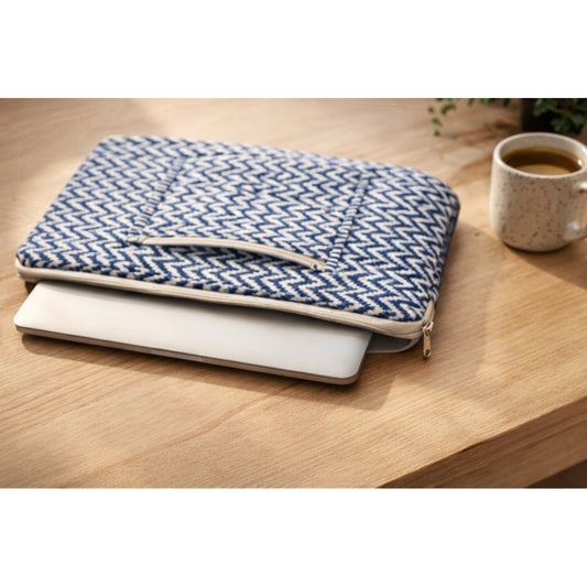 Desert Drift  Block Print Quilted  Cotton Laptop Sleeve with Front Pocket Blue 10"x15"