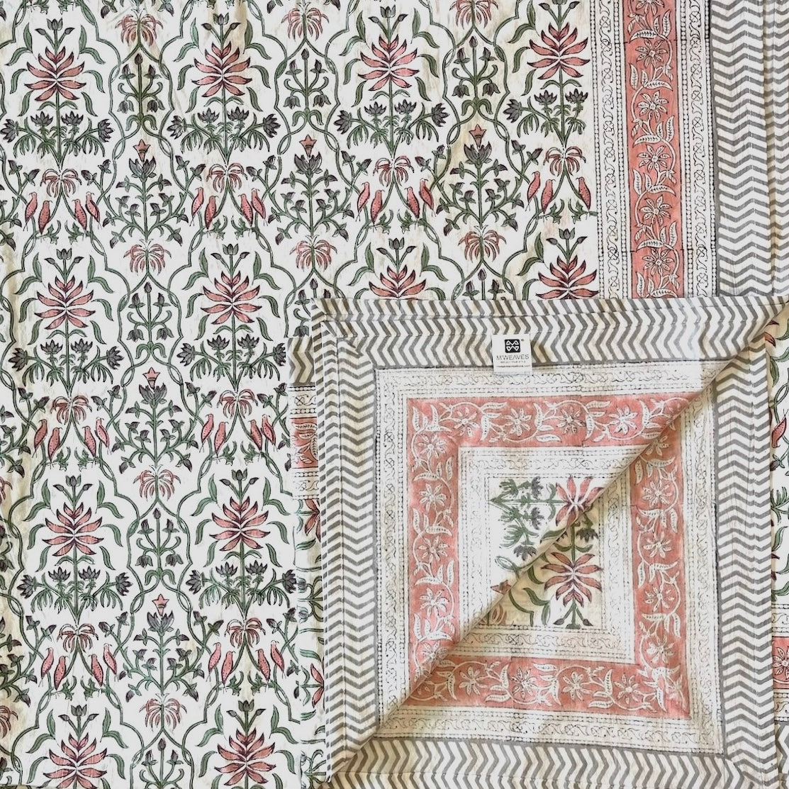 Hand Block Printed Floral Loom White-Peach Cotton Bedsheet Super King Size-108"x108"