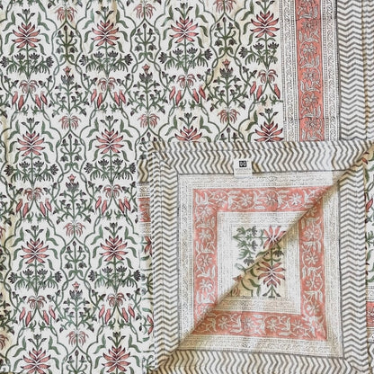 Hand Block Printed Floral Loom White-Peach Cotton Bedsheet Super King Size-108"x108"