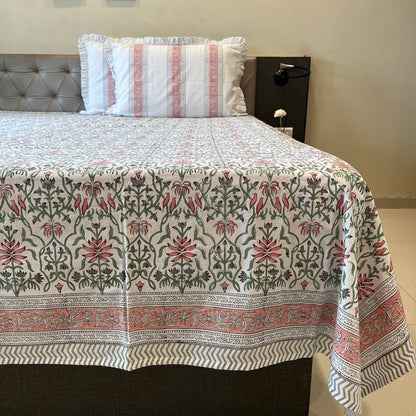 Hand Block Printed Floral Loom White-Peach Cotton Bedsheet Super King Size-108"x108"