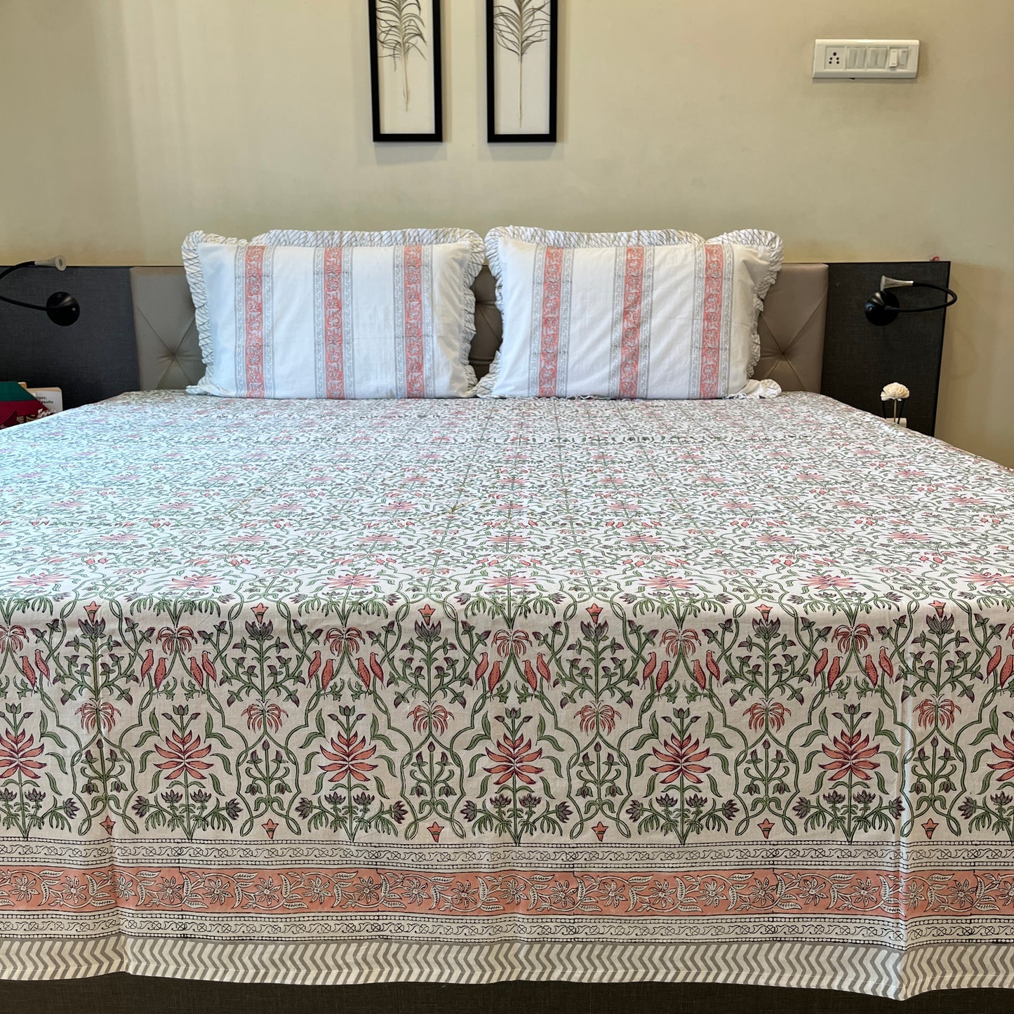 Hand Block Printed Floral Loom White-Peach Cotton Bedsheet Super King Size-108"x108"