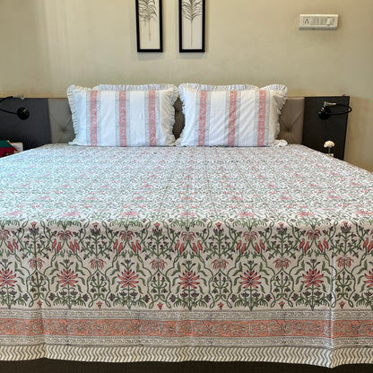 Hand Block Printed Floral Loom White-Peach Cotton Bedsheet Super King Size-108"x108"