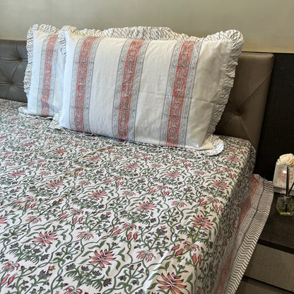 Hand Block Printed Floral Loom White-Peach Cotton Bedsheet Super King Size-108"x108"