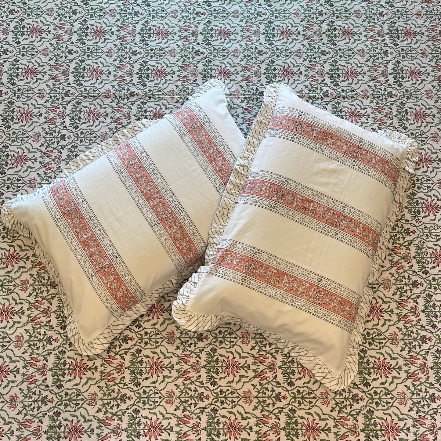 Hand Block Printed Floral Loom White-Peach Cotton Bedsheet Super King Size-108"x108"