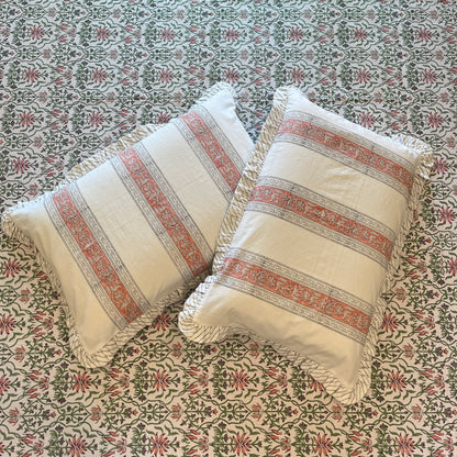 Hand Block Printed Floral Loom White-Peach Cotton Bedsheet Super King Size-108"x108"