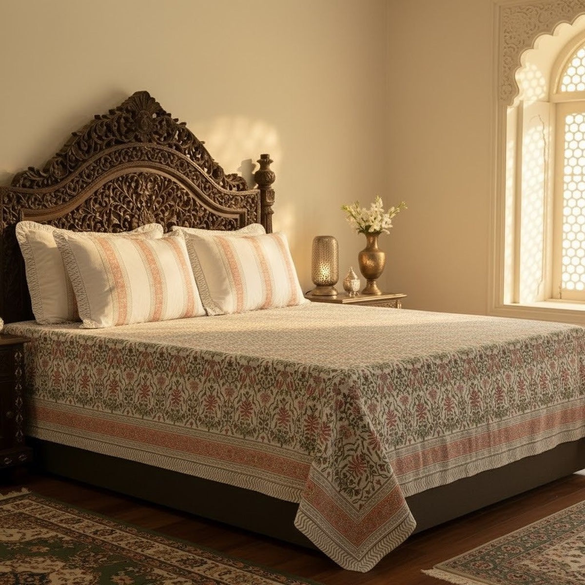 Hand Block Printed Floral Loom White-Peach Cotton Bedsheet Super King Size-108"x108"