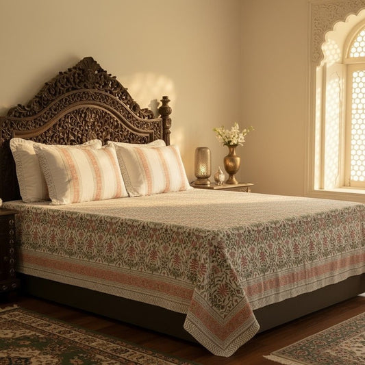 Hand Block Printed Floral Loom White-Peach Cotton Bedsheet Super King Size-108"x108"