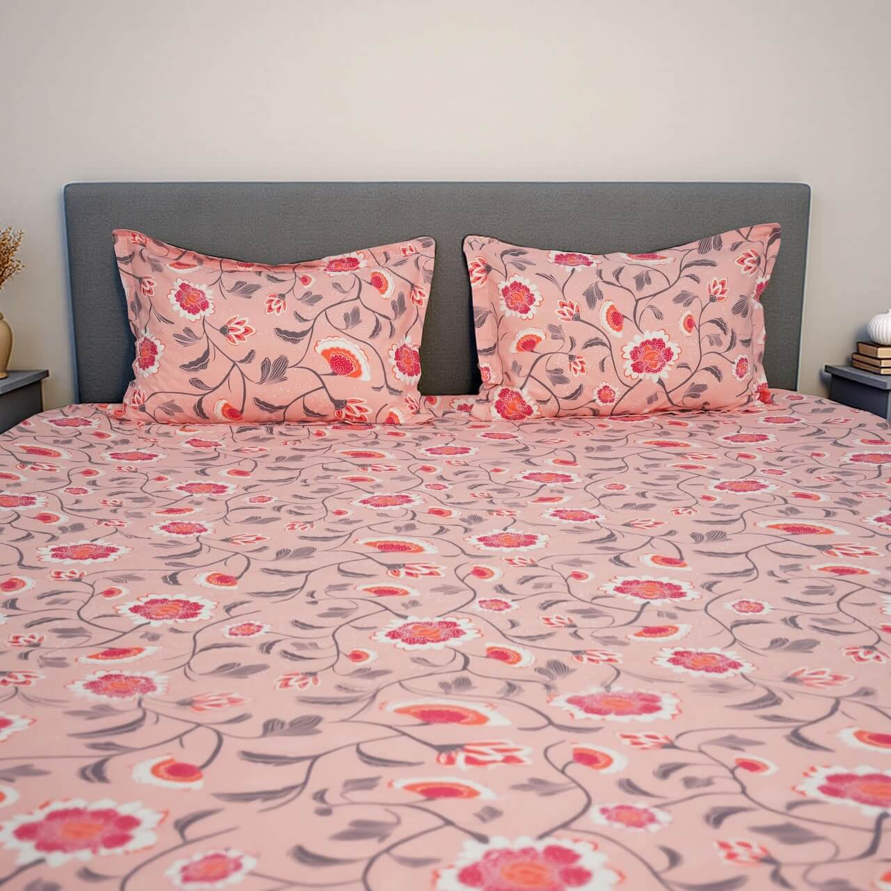 Flow Peach Pink 100% Cotton Fitted Bed Sheet – 150 TC – 108" x 108"