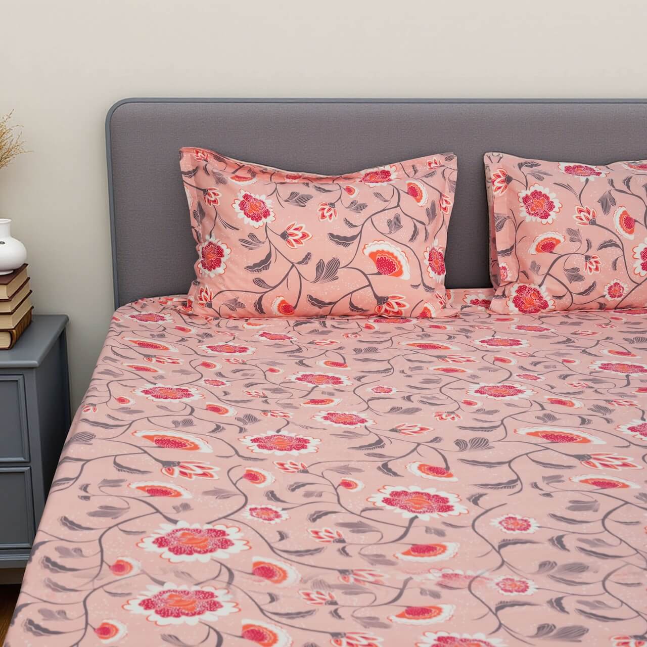 Flow Peach Pink 100% Cotton Fitted Bed Sheet – 150 TC – 108" x 108"