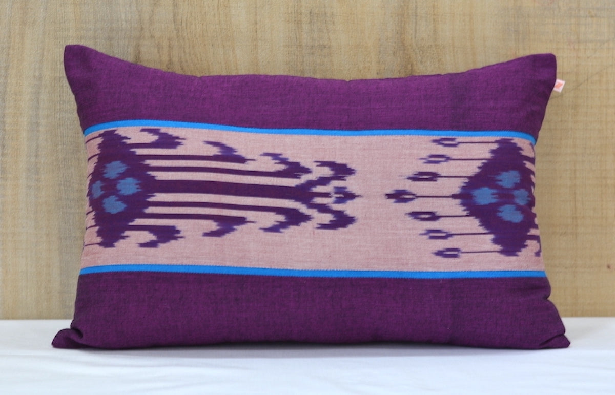 Ikat Bold Design Printed Cotton White and Blue Lumbar Cushion Cover Size 12"x18"