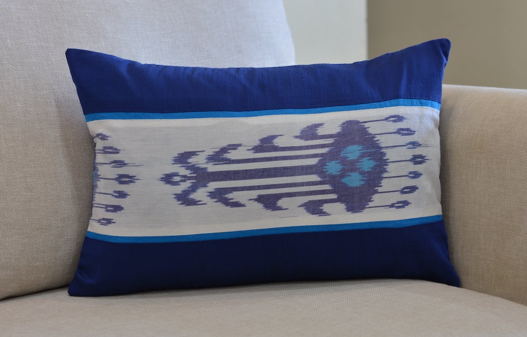 Ikat Bold Design Printed Cotton White and Blue Lumbar Cushion Cover Size 12"x18"