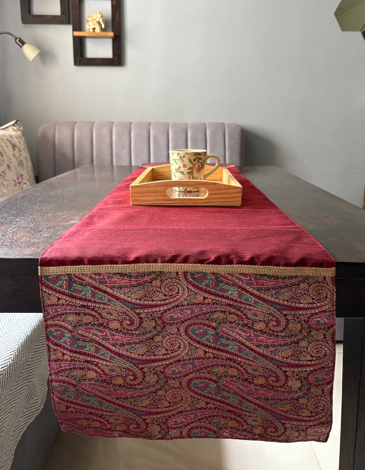 Gul Ambi Maroon Banarasi Brocade & Dupion Silk Table Runner & Matching Tray Combo Set