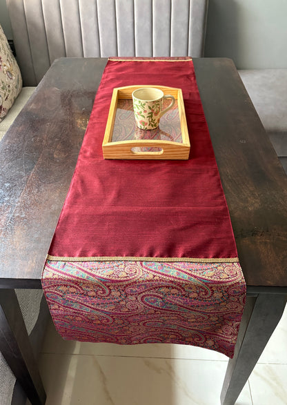 Gul Ambi Maroon Banarasi Brocade & Dupion Silk Table Runner & Matching Tray Combo Set