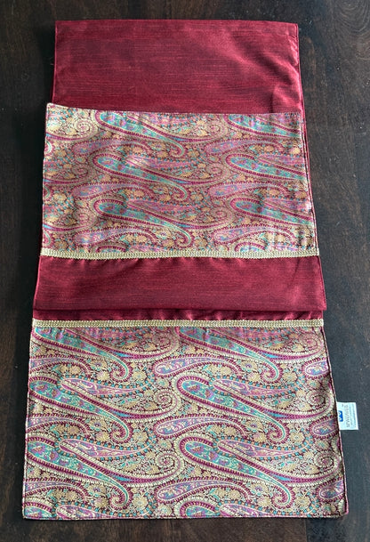 Gul Ambi Maroon Banarasi Brocade & Dupion Silk Table Runner & Matching Tray Combo Set