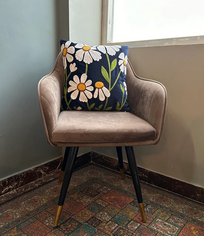 Hand Embroidery White Flower Glow Navy Blue Silk Velvet Cushion Cover Size 16"x16" Set of 2