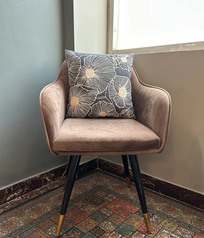 Hand Embroirdery Monochrome Floral Bloom Grey Cotton Cushion Cover Size 16"x16"