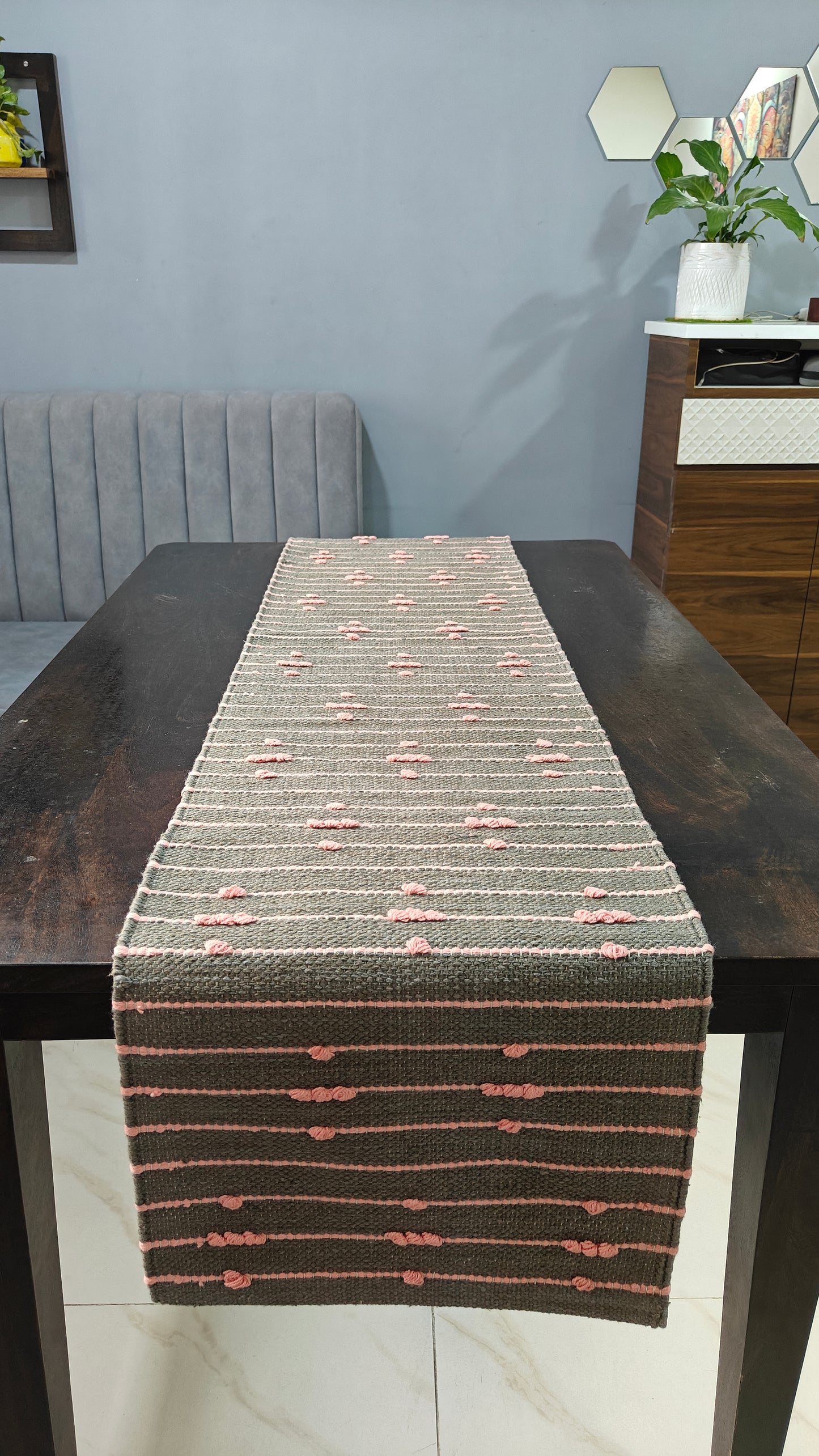 Handloom Cotton Table Runner 14” x 72” | Brown Table Runner with Pink Loop Detailing