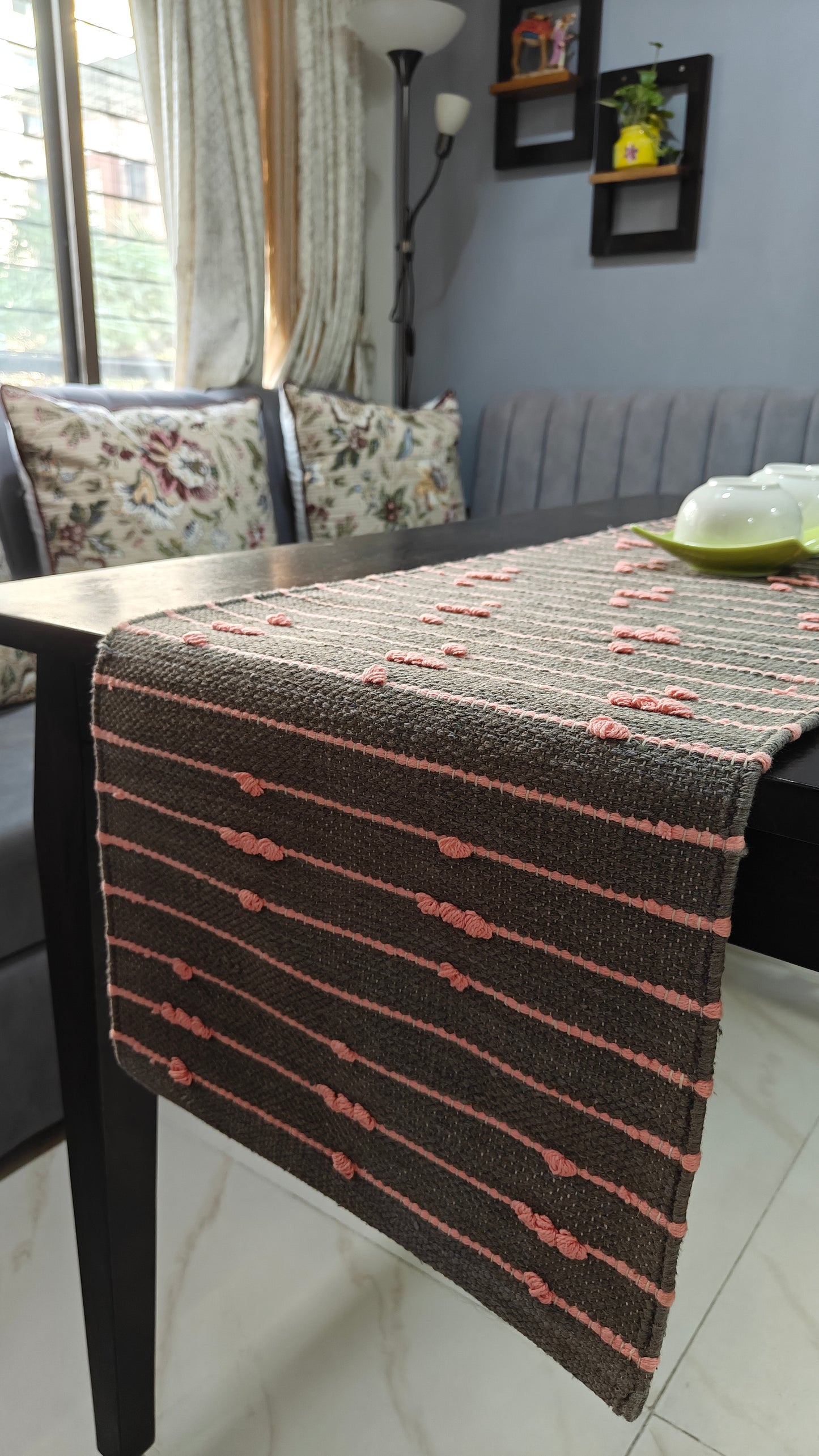 Handloom Cotton Table Runner 14” x 72” | Brown Table Runner with Pink Loop Detailing