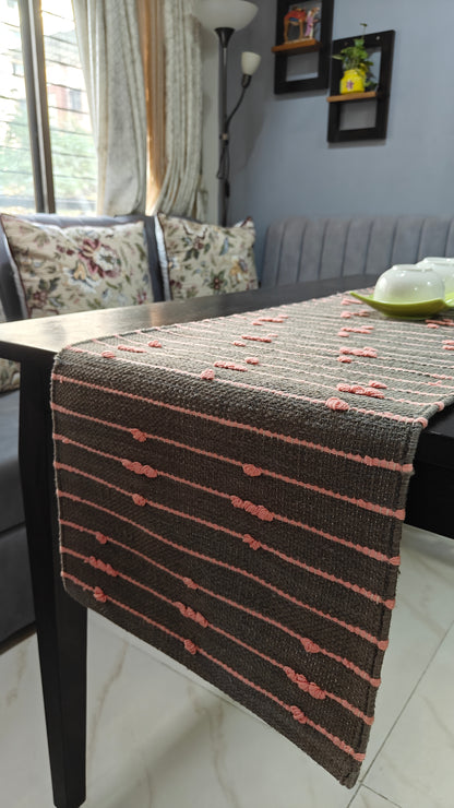Handloom Cotton Table Runner 14” x 72” | Brown Table Runner with Pink Loop Detailing