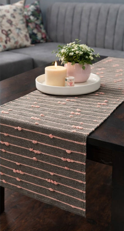 Handloom Cotton Table Runner 14” x 72” | Brown Table Runner with Pink Loop Detailing