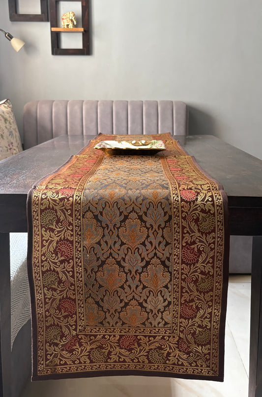 Heritage Banarasi Motif Traditional Festive Coffee Brown Table Runner 14"x60"