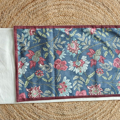 Decorative Floral Blossom Printed Denim Blue Velvet Table Runner 6 Seater Size 14" x 72"