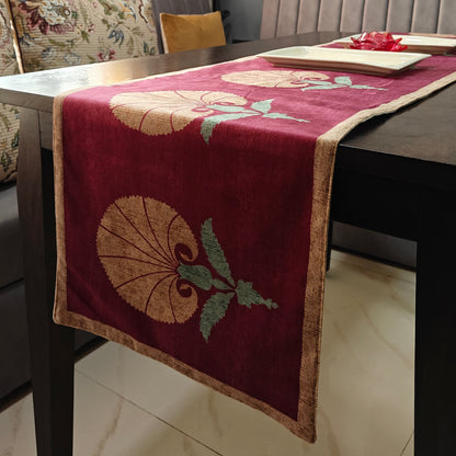 Decorative Blossom Print Maroon Velvet Table Runner 6 Seater Size 14" x 72"
