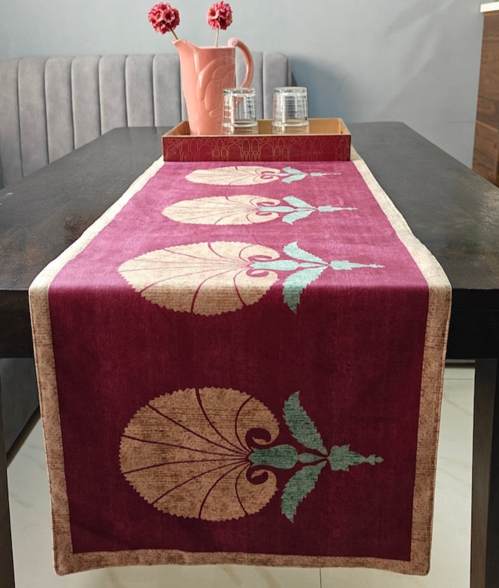 Decorative Blossom Print Maroon Velvet Table Runner 6 Seater Size 14" x 72"