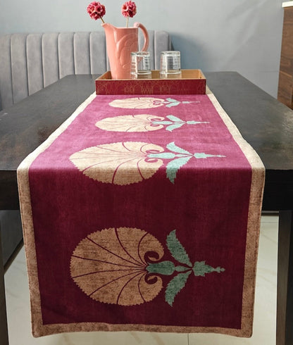 Decorative Blossom Print Maroon Velvet Table Runner 6 Seater Size 14" x 72"