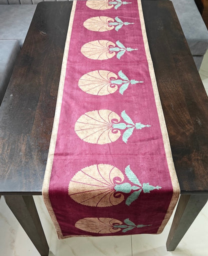 Decorative Blossom Print Maroon Velvet Table Runner 6 Seater Size 14" x 72"