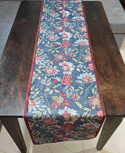 Decorative Floral Blossom Printed Denim Blue Velvet Table Runner 6 Seater Size 14" x 72"