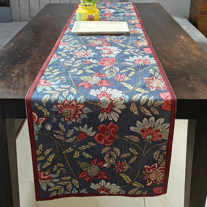 Decorative Floral Blossom Printed Denim Blue Velvet Table Runner 6 Seater Size 14" x 72"